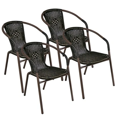 Abbildung von Nexos Trading Terrassenstuhl 4X Bistrostuhl Balkonstuhl Stapelstuhl Rattanstuhl Poly Rattan Stahlgestell stapelbar, leicht zu reinigenbraun