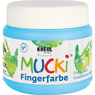 Abbildung von KREUL 23113 Mucki leuchtkräftige Fingerfarbe, 150 ml in hellblau, auf Wasserbasis, parabenfrei, glutenfrei, laktosefrei und vegan, auswaschbar, vermalbar mit Pinsel, Schwamm, Spachtel Fingern