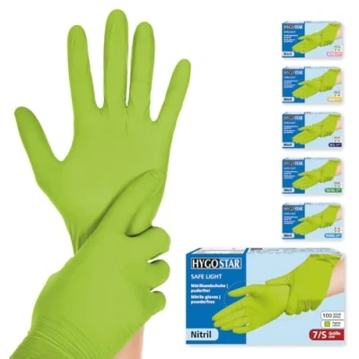 Abbildung von Franz Mensch Hygostar Nitrilhandschuhe Safe Light puderfrei, grün, 7/S, 24cm, 100 Stück, Einweghandschuhe, Einmalhandschuhe, in Gr. XS, S, M, L, XL &amp; XXL verfügbar