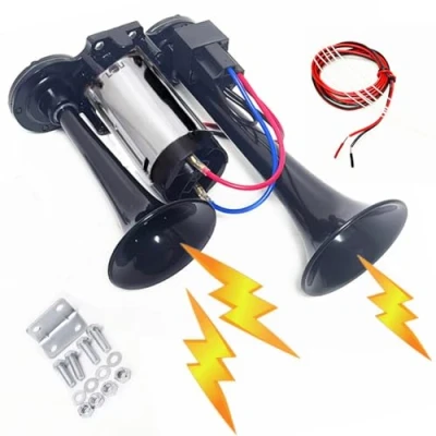 Abbildung von YIYIDA Car Horn Autohupe Lufthorn Doppelrohr 12V Air Lauter Klang Lautsprecher silber schwarze Kombination Trompete Hohe und Niedrige Ton elektrische Alarmhorn für Auto LKW Schiff etc