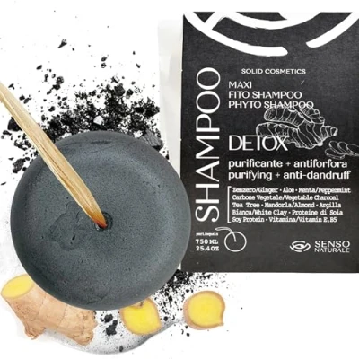 Abbildung von Senso Naturale Festes Shampoo Detox Reinigung Anti Schuppen und Seborrhoisches Dermatitis für Fettiges Haar, mit Holzkohle, Tea Tree, Ingwer, Kokosnussöl 100% Natürlich Vegan ph 4,5 5,0