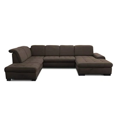Abbildung von CAVADORE Wohnlandschaft Lexi / Große U Form mit XXL Longchair rechts und Kopfteilverstellung Leichte Fleckenentfernung dank Soft Clean 329 x 82 99 224 Flachgewebe: Braun