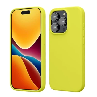 Abbildung von kwmobile Hülle für das iPhone 15 Pro Silikon Handy Case stoßfeste Handyhülle mit weicher Oberfläche Zitronengelb