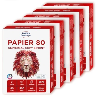 Abbildung von AVERY Zweckform 2575 Drucker /Kopierpapier (2.500 Blatt, 80 g/m², DIN A4 Papier, für alle Drucker) 1 Box mit 5 Pack, weiß