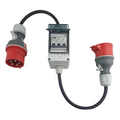 Abbildung von RoadEu CEE Adapter 32A auf 16A Starkstrom Stecker Kupplung mit Leitungsschutzschalter C 5x2 5mm Gummi Starkstromkabel 1 Meter Verlängerungskabel m