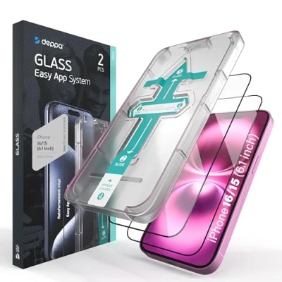 Abbildung von Deppa 2 Stück Schutzfolie für Iphone 15/Iphone 16 Screen (6.1 Zoll) mit Schablone Glas Folie Schutzfolie, Schutzglas, Displayschutz, Panzerfolie