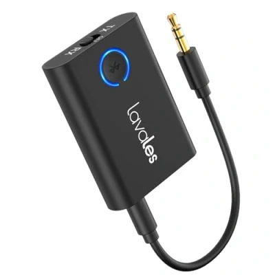 Abbildung von Lavales Bluetooth 5.3 Adapter TV Transmitter für Flugzeug auf 2 Kopfhörer, in 1 aptX Low Latency Audio Sender Empfänger 3.5mm Klinke Splitter für/Speaker/Gym/Tablet usw (Schwarz)