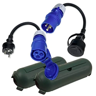Abbildung von IntuiFlex CEE Adapter Schuko Kabel Stecker Kupplung Schutzbox Set Camping Zubehör Boot Wohnmobil Wohnwagen Garten Gummikabel H07RN F 3x2,5mm² 230V 16A Strom blau Stromkabel