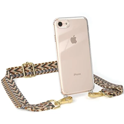 Abbildung von EAZY CASE Handykette Verstellbares Taschenband kompatibel mit iPhone SE (2022/2020) / 8/7, Schulterriemen, Handykordel Silikon Hülle, Umhängetasche, Hell Braun/Braun Endstücke Gold
