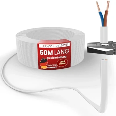 Abbildung von MAS Premium Von 5 bis 100m Kunststoffschlauchleitung H05VV F 2, 3 oder x0,75; x1; x1,5 x2,5 und 4G0,75 Flexible Leitung Kabel Gerätekabel (H05VV 2x1,5 WS, 50m)