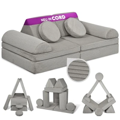 Abbildung von Linodino® Spielsofa Cord Fantasiewelt, Kindersofa Bausteine Kreative Stapelsteine für Kinder Kindercouch, Sofa Kuschelecke im Kinderzimmer Schaumstoff Softbausteine [Elefanten Grau]