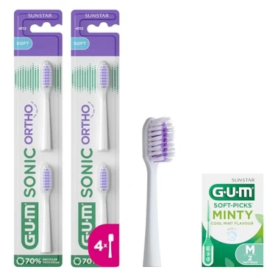 Abbildung von GUM SONIC ORTHO Ersatzbürstenköpfe für Schallzahnbürste Sanft zu Zähnen und Zahnfleisch 2 x Stück +1 Gratisprobe Weiß
