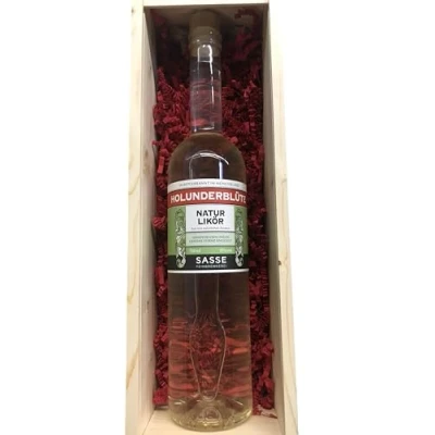 Abbildung von Sasse Holunderblüte Naturlikör 700ml 15% vol Edler Holunderblütenlikör in stilvoller Holzbox Original aus der Feinbrennerei
