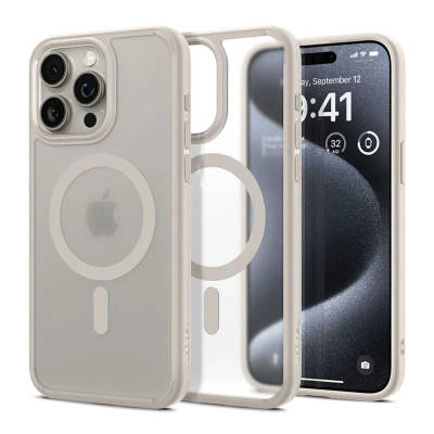 Abbildung von Spigen für iPhone 15 Pro Ultra Hybrid Frost MagFit Hülle [Anti Yellowing] Case Handyhülle Transparent Dünn Slim Kompatibel mit MagSafe Natural Titanium