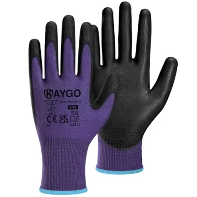 Abbildung von KAYGO 12 Paar Arbeitshandschuhe für Herren Damen, PU beschichtet Schutzhandschuhe, antirutsch Griff an Handflächen und Fingern, Geeignet DIY allgemeine Arbeit Gartenarbeit (Violett, M, Gr 8)