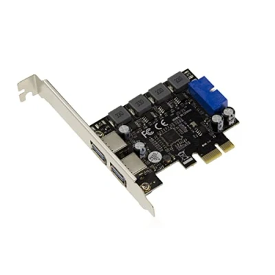 Abbildung von KALEA INFORMATIQUE PCI Express PCIe USB 3.0 Karte mit 2 externen 5G Typ A Ports und internen auf 19 poligem USB3 Stecker. Auto STROMVERSORGT, NEC D720201 Chipsatz.
