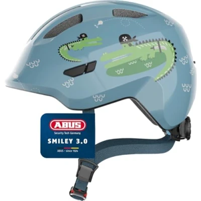 Abbildung von ABUS Kinderhelm Smiley 3.0 Fahrradhelm mit tiefer Passform, kindergerechten Designs &amp; Platz für einen Zopf Mädchen und Jungs Hellblau Krokodil Muster, Größe S, S (45 50 cm)