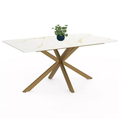 Abbildung von IDMarket Esstisch, rechteckig, Alix, 8 Personen, Spinnenfuß, Messing und Platte, Marmor Effekt, Alaska Weiß, 160 cm