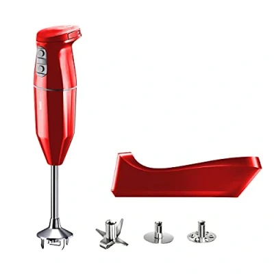 Abbildung von bamix Stabmixer Set cordless kabellos, inkl. Ladestation, Multimesser, Quirl, Schlagscheibe aus Edelstahl, 250 Watt, 2 Stufen, Made in Switzerland, Rot
