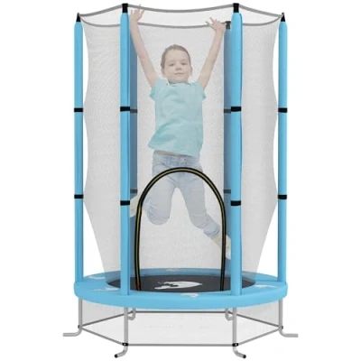 Abbildung von AIYAPLAY Kinder Trampolin Ø140 cm, Indoor mit Sicherheitsnetz Randabdeckung Gummiseil, Kindertrampolin Tür Reißverschluss, Tintenfisch Muster, für 3 6 Jahre Hellblau