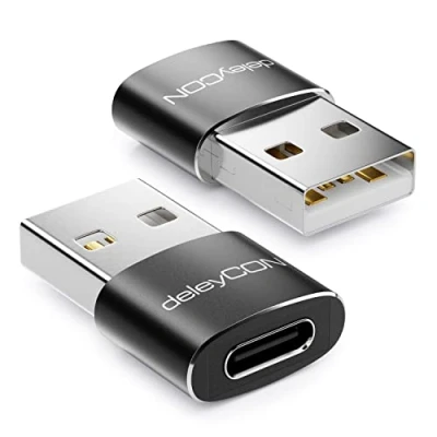 Abbildung von deleyCON USB C auf Adapter [2 Stück] Buchse A Stecker 2.0 für PC Computer Laptop Notebook Aluminium Schwarz
