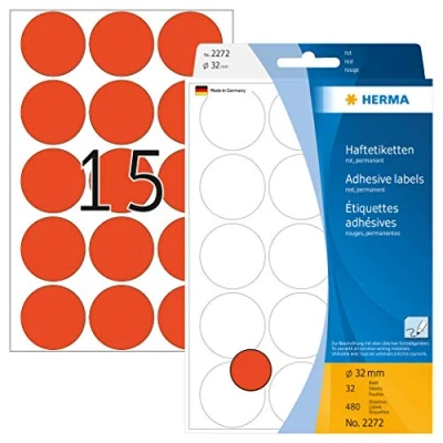 Abbildung von HERMA 2272 Punktaufkleber Klebepunkte rot, 480 Stück, Ø 32 mm, 15 pro Bogen, selbstklebend, Markierungspunkte für Kalender Planer Basteln, matt, blanko Papier Farbpunkte Aufkleber