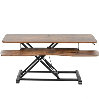 Abbildung von Vivo DESK V042KN Höhenverstellbarer Schreibtischaufsatz, Sitz Steh Arbeitsplatz für zwei Monitore und Laptop, mit breiter Tastaturablage, Vintage braune obere Fläche, schwarzer Rahmen, 106,7 cm