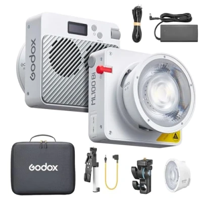 Abbildung von Godox ML100Bi Kit2 120 W Zweifarbige LED Videoleuchte, 2800 K 6500 K, CRI97+, TLCI98+, APP Steuerung, 11 Lichteffekte, Halterung mit 15 und 36 Linsenreflektor V Mount Akku Zubehör Kit