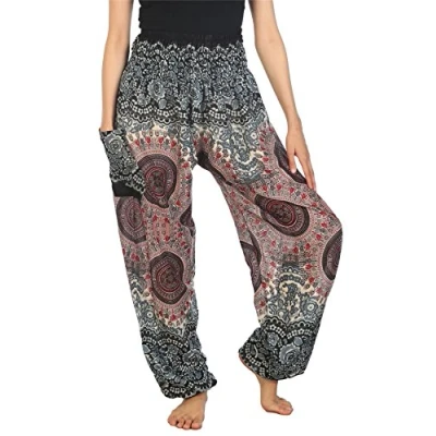 Abbildung von Lofbaz Damen Haremshose mit gesmoktem Boho Hosen Rose 2 Weiß Size XL