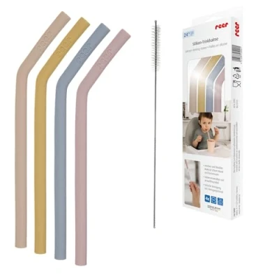 Abbildung von Silikonstrohhalme für Kleinkinder und Kinder Ab 24 Monaten Set aus 4 Strohhalmen in bunten Farben Inklusive praktischer Reinigungsbürste