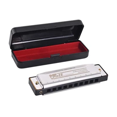 Abbildung von VOLT Mundharmonika, 0790 1, Metall in C gestimmt, diatonisch, Blues Harp, Richter Modell, Deckel aus Edelstahl, ABS Kanzellenkörper, Messing Stimmplatten, ab 6 Jahre