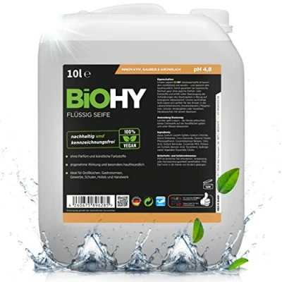 Abbildung von BiOHY Flüssig Seife (10 Liter Kanister) Hautschonende, rückfettende &amp; flüssige Handseife PHOSPHATFREI geruchsneutrale Hygiene auch für das Gesicht geeignet ohne Parfüm Farbstoffe
