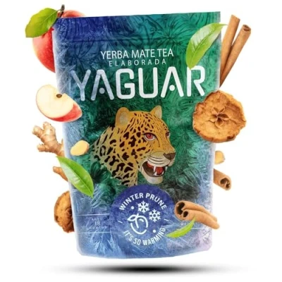 Abbildung von Yaguar Winter Prune 0,5kg Limitierter Yerba Mate aus Brasilien Wärmt und reich an Koffein Einzigartige Teekomposition für die Wintersaison Tee mit Apfel, Zimt Ingwer 500g