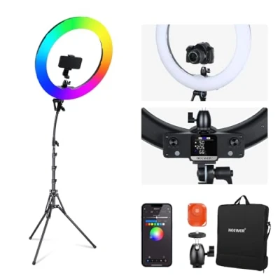 Abbildung von NEEWER 18&quot; RGB LED Ringlicht APP Steuerung mit Ständer und Telefonhalterung, 42W dimmbar, 250010,000K, GM ± 50 Bi Farbe, CRI97+/TLCI98+, 360 Vollfarbe, 18 Szenen für Selfie, TikTok, Vlog, RGB18 II