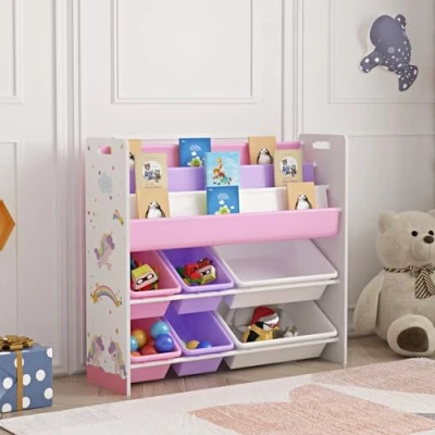 Abbildung von [en.casa] Kinderregal Rødøy Bücherregal für Kinder mit 6 Kisten Spielzeugregal 78 x 86 27 cm Spielzeug Aufbewahrung Einhorn Motiv