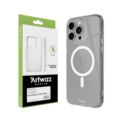 Abbildung von Artwizz ClearClip +Charge Kompatibel mit iPhone 15 Pro Max Kratzresistente Hülle Verstärkten Ecken MagSafe Qi Transparent