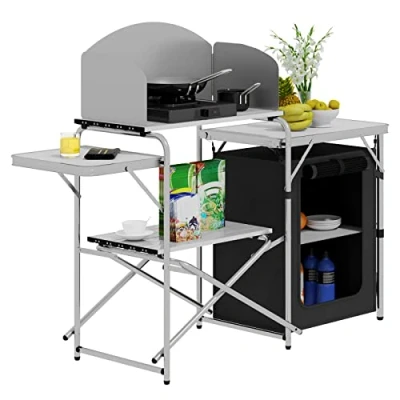 Abbildung von WOLTU faltbar Campingschrank Campingküche inkl.Tragetasche mit Aluminiumgestell Reiseküche tragbar/klappbar Outdoor Campingmöbel aus Alu und MDF für Picknick Strand im Freien, Weiß+Schwarz, CPT8140wsz