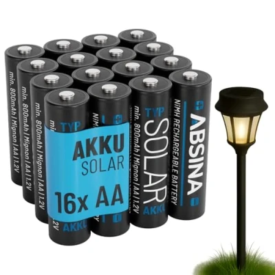 Abbildung von ABSINA 16x Solar Akku AA wiederaufladbar 800mAh 1.2V NiMH Mignon Batterien für Solarleuchten Solarakkus mit geriner Selbstentladung Batterie, Akkus Solarlampen