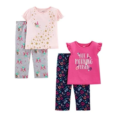 Abbildung von Simple Joys by Carter&#039;s Mädchen 4 teiliges Schlafanzug Set, Fleece (kurzärmliges Polyester Oberteil und Hose), 4er Pack, Fee/Floral/Textaufdruck, Jahre