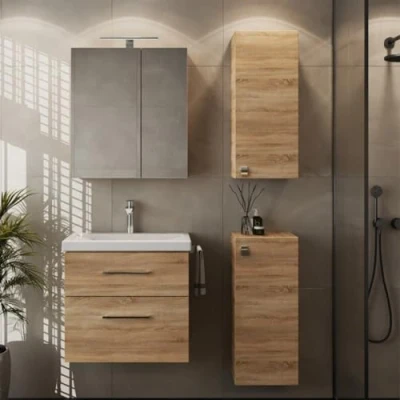 Abbildung von Planetmöbel Badset komplett aus Unterschrank 63cm mit Waschbecken, Spiegelschrank und 2X Midischrank in Sonoma Eiche, Komplettset für Badezimmer 5 teilig