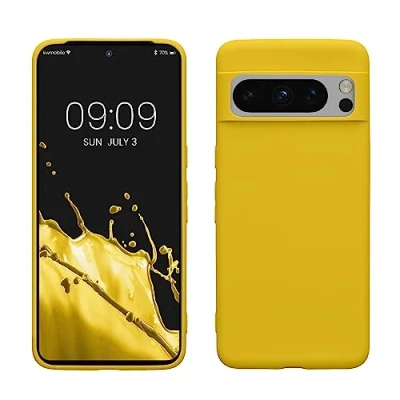 Abbildung von kwmobile Hülle kompatibel mit Google Pixel 8 Pro weiches TPU Silikon Case Cover geeignet für kabelloses Laden Strahlend Gelb