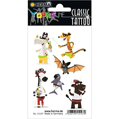 Abbildung von HERMA 15197 Temporäre Tattoos Piraten, 6 Stück, Klebetattoos zum Aufkleben, Fake Aufkleber mit Tiere Motiv, Kindertattoos Sticker für Geburtstag Fasching Karneval Kinder Erwachsene