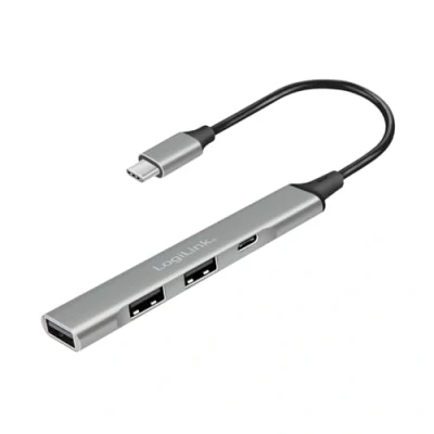 Abbildung von LogiLink UA0416 USB C (USB 3.2 Gen1) 4 Port Hub im Slim Design, mit Überstrom Überspannung Rückstromschutz, Aluminiumgehäuse