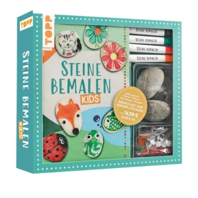 Abbildung von Kreativ Set: Steine bemalen Kids mit Wackelaugen, Pompons, Anleitungsbuch &amp; Material: Buch (32 S., DIN A5, Softcover), 3 Steine, Marker 2 Spitzen in Rot, Blau, Grün, Schwarz, Pompons