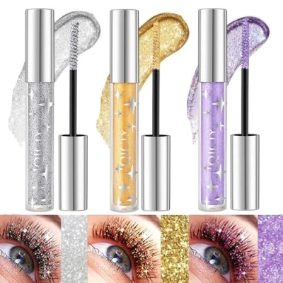 Abbildung von Glitter Mascara Eyeshadow, 3Pcs Sparkling Diamonds Silver Diamond Mascara, Lengthening Volumizing Waterproof Lashes for Eyelashes, Party Wedding Music Festival Eyes Makeup