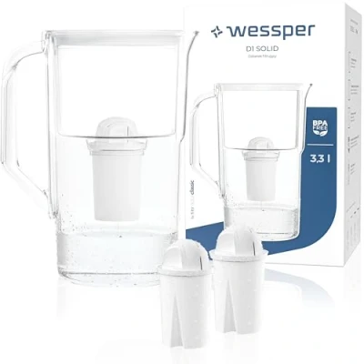 Abbildung von Wessper Wasserfilter Kanne 2.5 L Aqua Classic Basic, Set Wasserkanne und 2 Filter Kompatibel mit Brita Classic, Wasserfiltersystem Reduzierung von Kalk, Chlor Weiß
