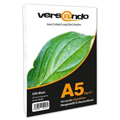 Abbildung von versando 500 Blatt Papier DIN A5 HighWhite 80 Druckerpapier Universalpapier Kopierpapier hochweiß (148 x 210 mm)