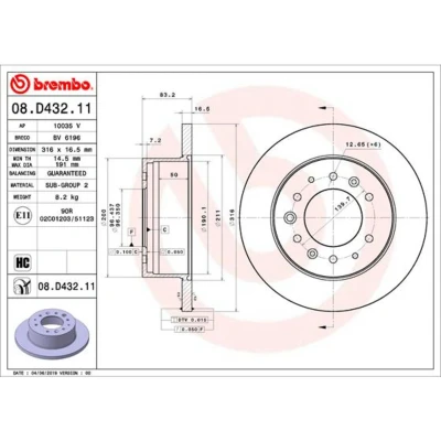 Abbildung von BREMBO 08.D432.11 Bremsscheibe 316 16,5 6 voll beschichtet hochgekohlt HYUNDAI: H350 Kastenwagen