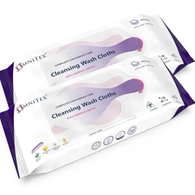 Abbildung von Omnitex Inkontinenz Reinigungstücher mit Barriere Creme, mikrowellengeeignet, spülfrei, All in One, Kontinenzpflege, Reinigungstücher, reinigt pflegend, Aloe Vera, Vitaminen, 2 x 26 Stück