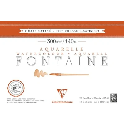 Abbildung von Clairefontaine 96343C Aquarellblock Fontaine Satiné (100% Hadern, feinkörnig, glatt, für Nass und Trockentechniken geeignet, säurefrei, 300g, 18 x 26 cm, 20 Blatt) weiß